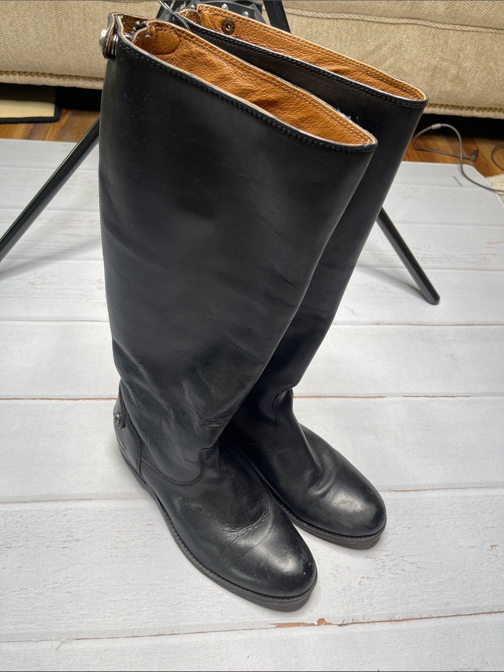 Frye Boots 8.5 B Black Leather Melissa Tall Riding Back Zipper Snap Tall
